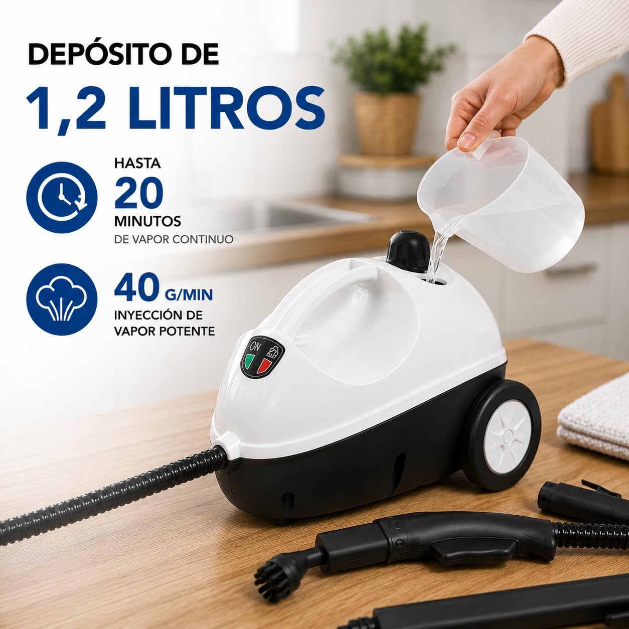 KUKEN Vaporeta Limpieza Hogar 1500W, Vaporeta De Mano Y Limpiador A Vapor Con 3,5 Bar, Depósito 1,2L, 20 Minutos De Vapor, 13 Accesorios, Cable 3 Metros, Limpia Y Desinfecta