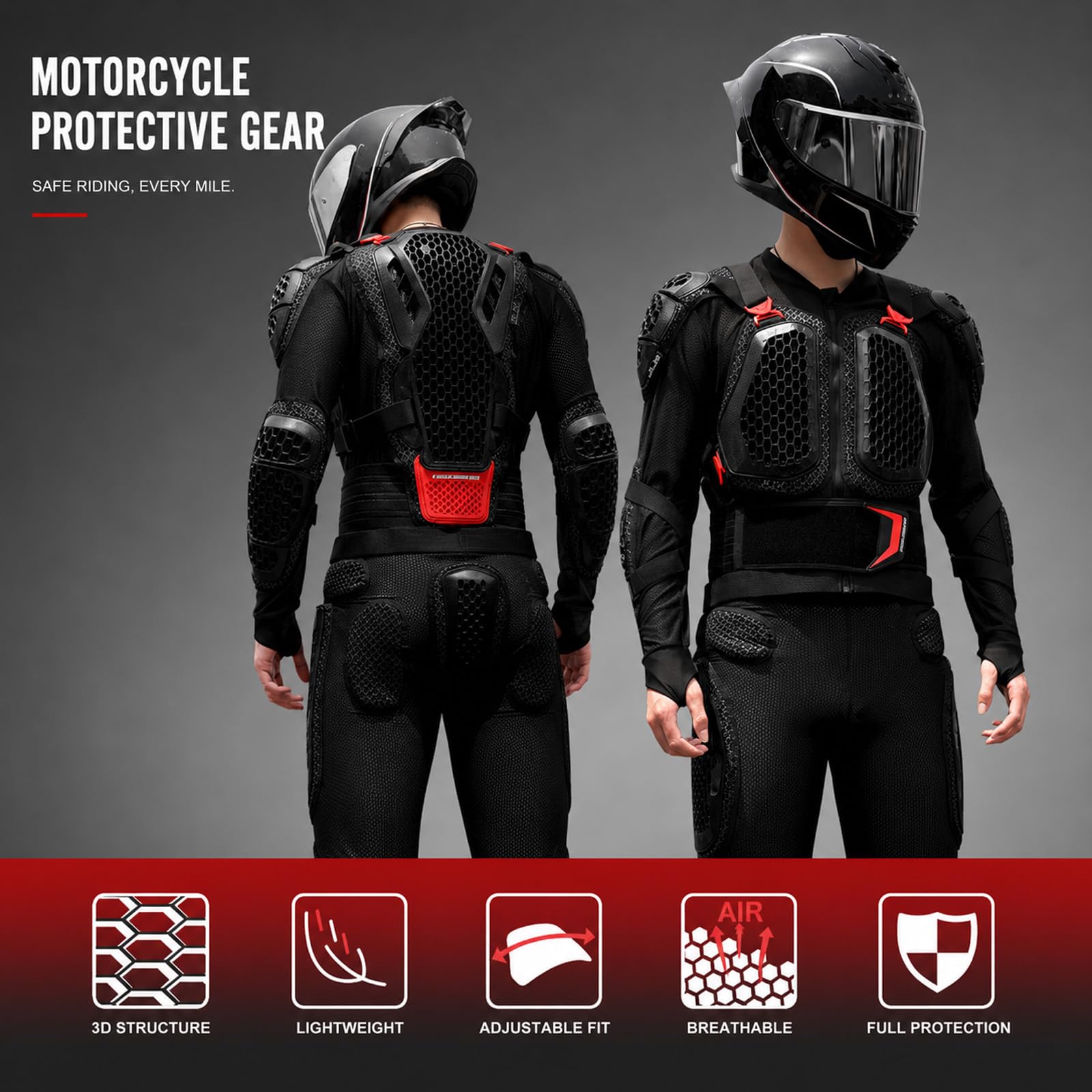 Ensemble de Protection Moto Certifié CE Équipement de Dirt Bike Léger avec Protections Poitrine, Dos, Coudes, Épaules et Avant-Bras Gilet de Motocross Respirant pour Course et Off-Road,Black-XL