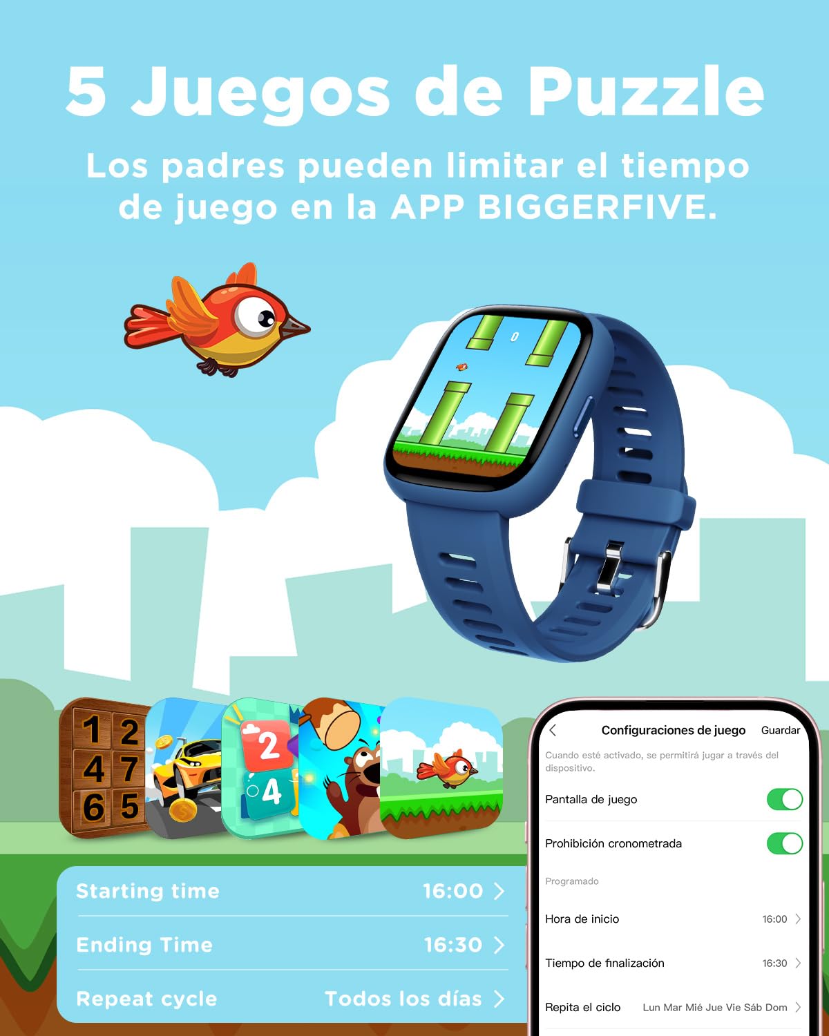 BIGGERFIVE Pulsera Actividad Niños Niñas 5-16, 1,8" Reloj Inteligente Podómetro, Frecuencia Cardíaca, Resistente al Agua IP68, Monitor de Sueño, Despertador, Juegos de Rompecabezas con/sin App