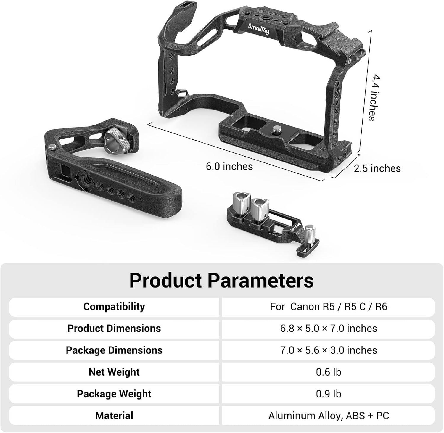 Table showing product parameters and dimensions for the SmallRig R5 R5 C R6 Cage Kit.