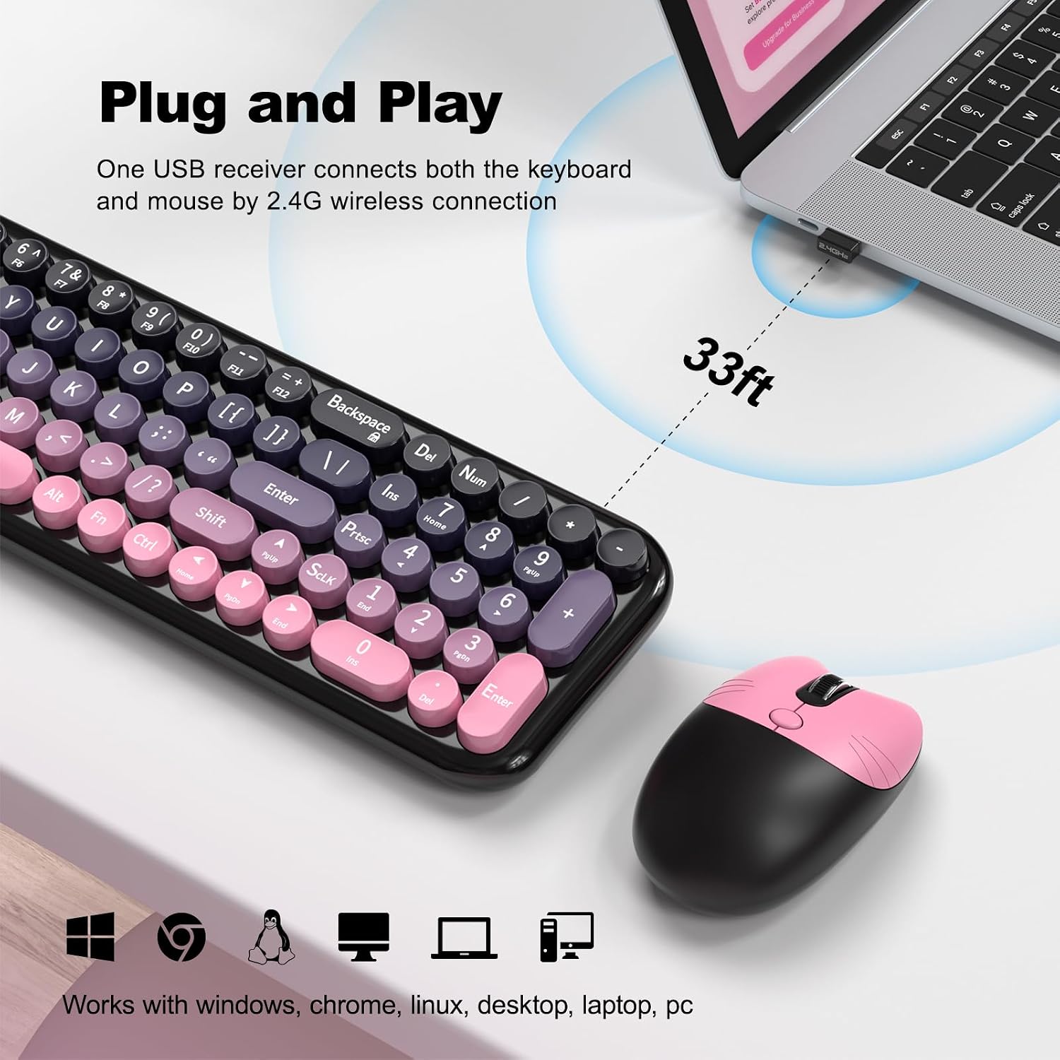 MOFII Wireless Keyboard and Mouse Combo, Compact Typewriter Retro Round Computer Keyboard and Mouse Set, Plug and Play, for Windows, Computer, Desktop, PC, Notebook - (Plum Pink Gradient)