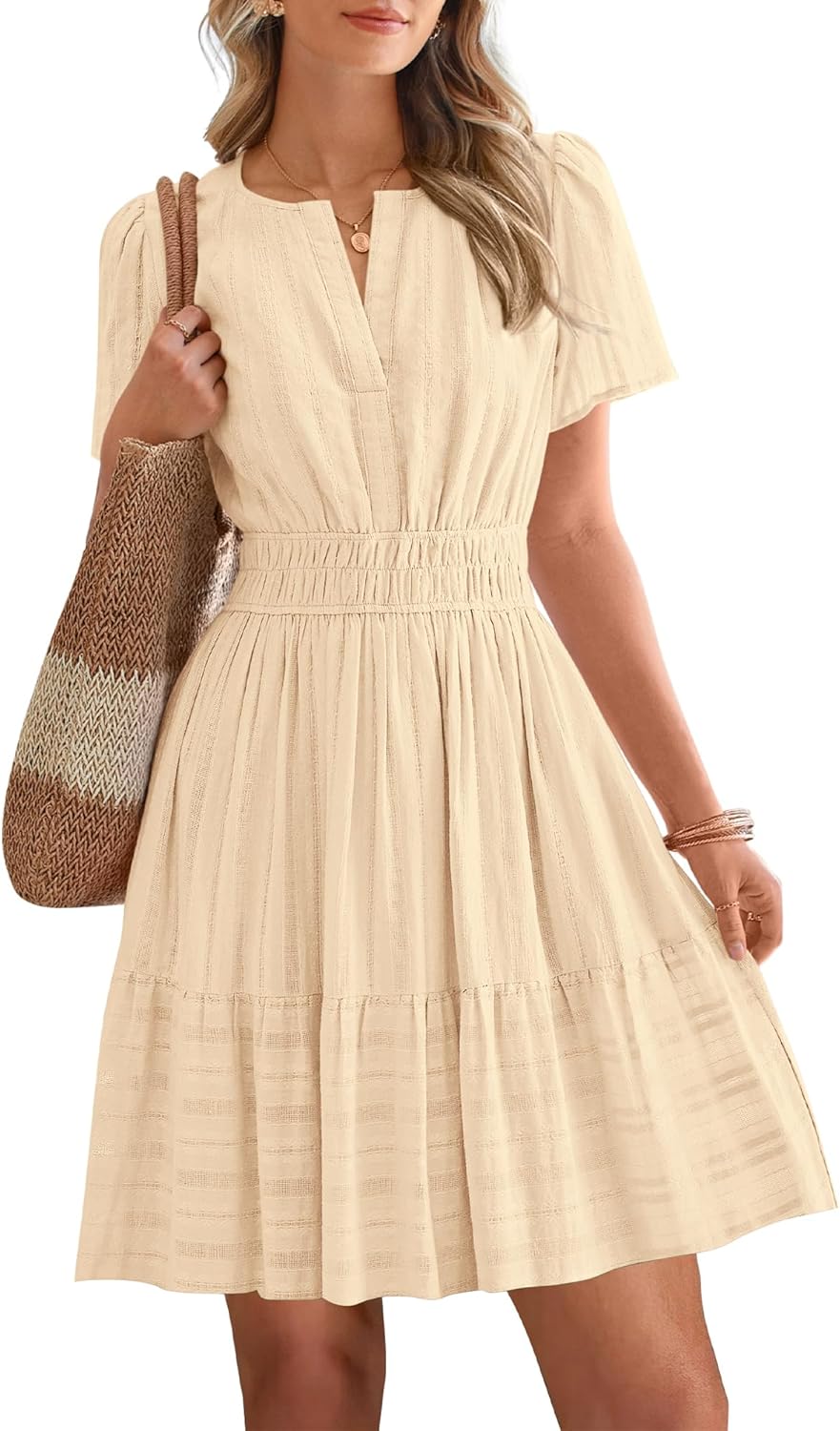 BTFBM Womens Spring 2026 Casual Mini Dresses Lightweight Short Sleeve V Neck Elastic Waist Cute Boho Beach Dress Pockets