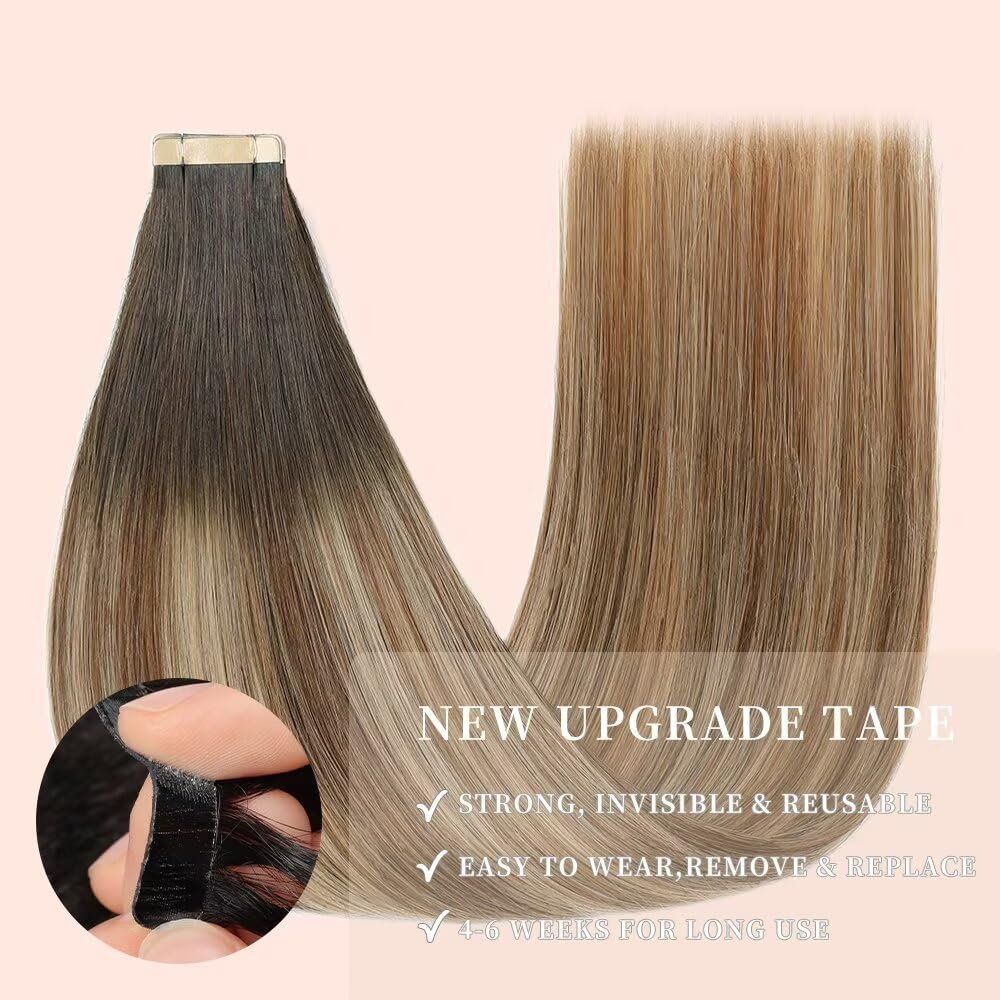 YDDM Extension Capelli Veri Biadesivo 20pcs 60cm 50g Castano con castano chiaro e biondo chiaro extension biadesive capelli veri Tape In Extension Adesive Capelli Veri(24inch,2/6/18K#)