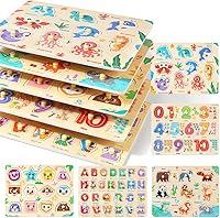 GRINNNIE 5PCS Wooden Peg Puzzles for Toddlers 3-5 Years - Montessori Knob Puzzles Number Alphabet Shape Animals, Educational Gifts for Boys Girls