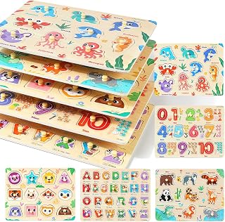 GRINNNIE 5PCS Wooden Peg Puzzles for Toddlers 3-5 Years - Montessori Knob Puzzles Number Alphabet Shape Animals, Educational Gifts for Boys Girls