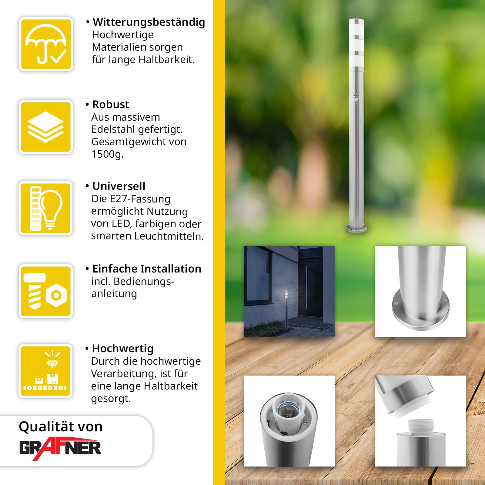 Grafner XXL Edelstahl Wegeleuchte mit Bewegungsmelder, Höhe: 110 cm, 1x E27 Fassung, IP44, Wegleuchte Weglampe Gartenlampe Gartenleuchte Standlampe Außenstandleuchte Pollerleuchte
