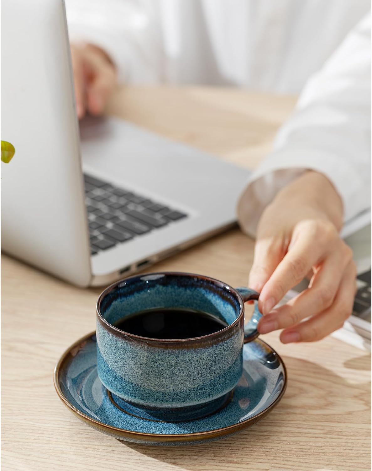 Ceramics 10oz Cappuccino Cups with Sacuer, Set of 2, Blue