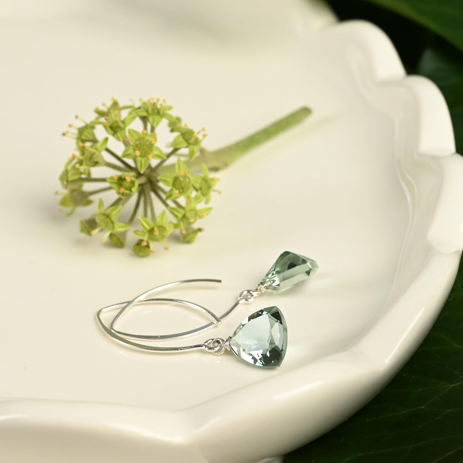 Green Amethyst Quartz Trillion Sterling Silver Earrings - Image 3