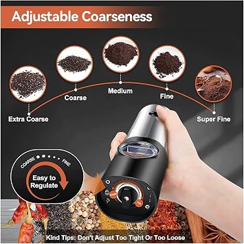 Salt Pepper Mill with 2 Stands, 5 Stage Grinding Adjustment, Spice Grinder with Led Light Design, Use with Stand, Electric Automatic Salt Pepper Coffee Spice Grinder