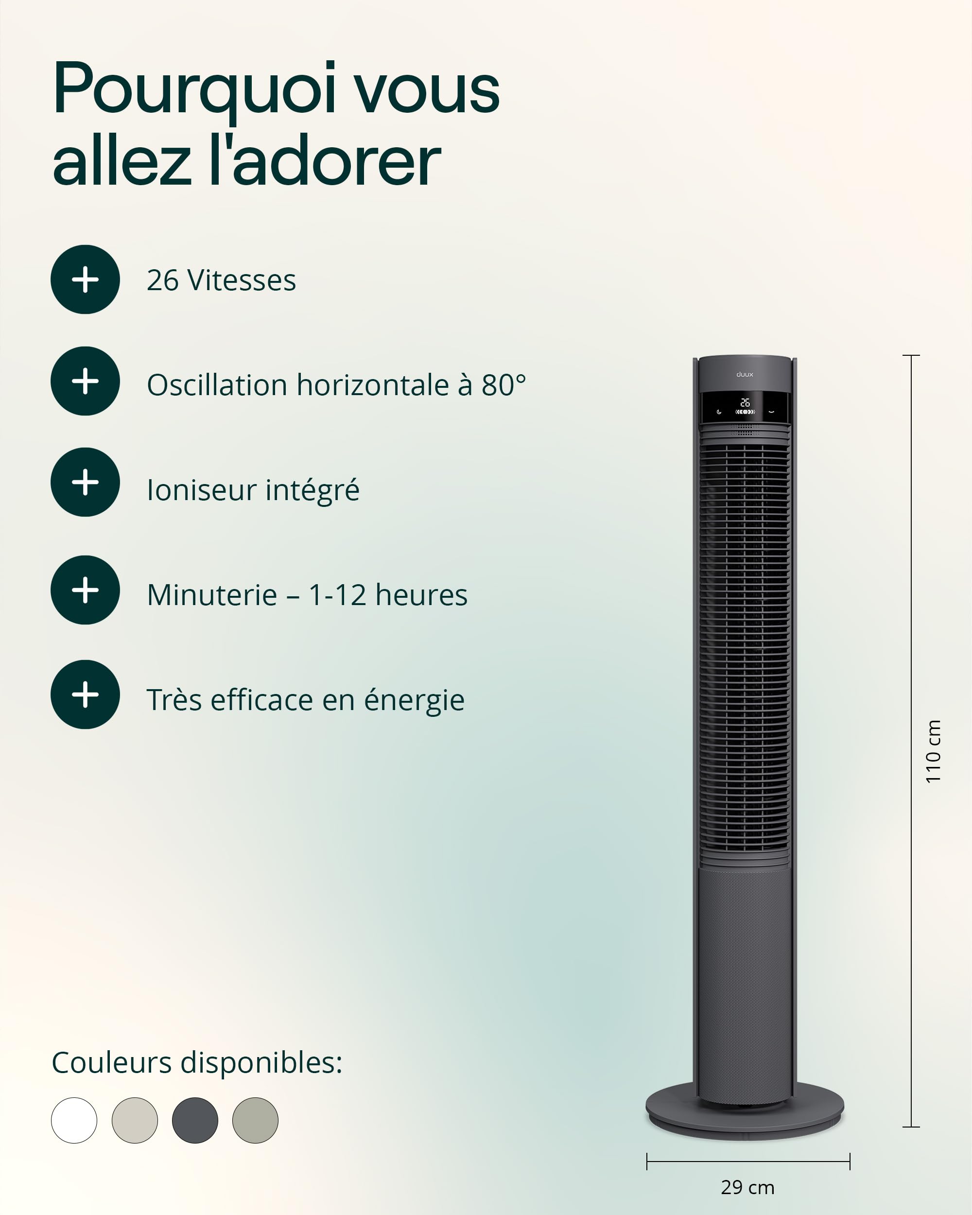 Duux Elevate Ventilateur Colonne – 26 Vitesses, Oscillation 80°, Seulement 25 dB, Ioniseur, Minuterie (1–12h), Mode Nuit, Écran Tactile & Télécommande – Silencieux & Intelligent – Gris