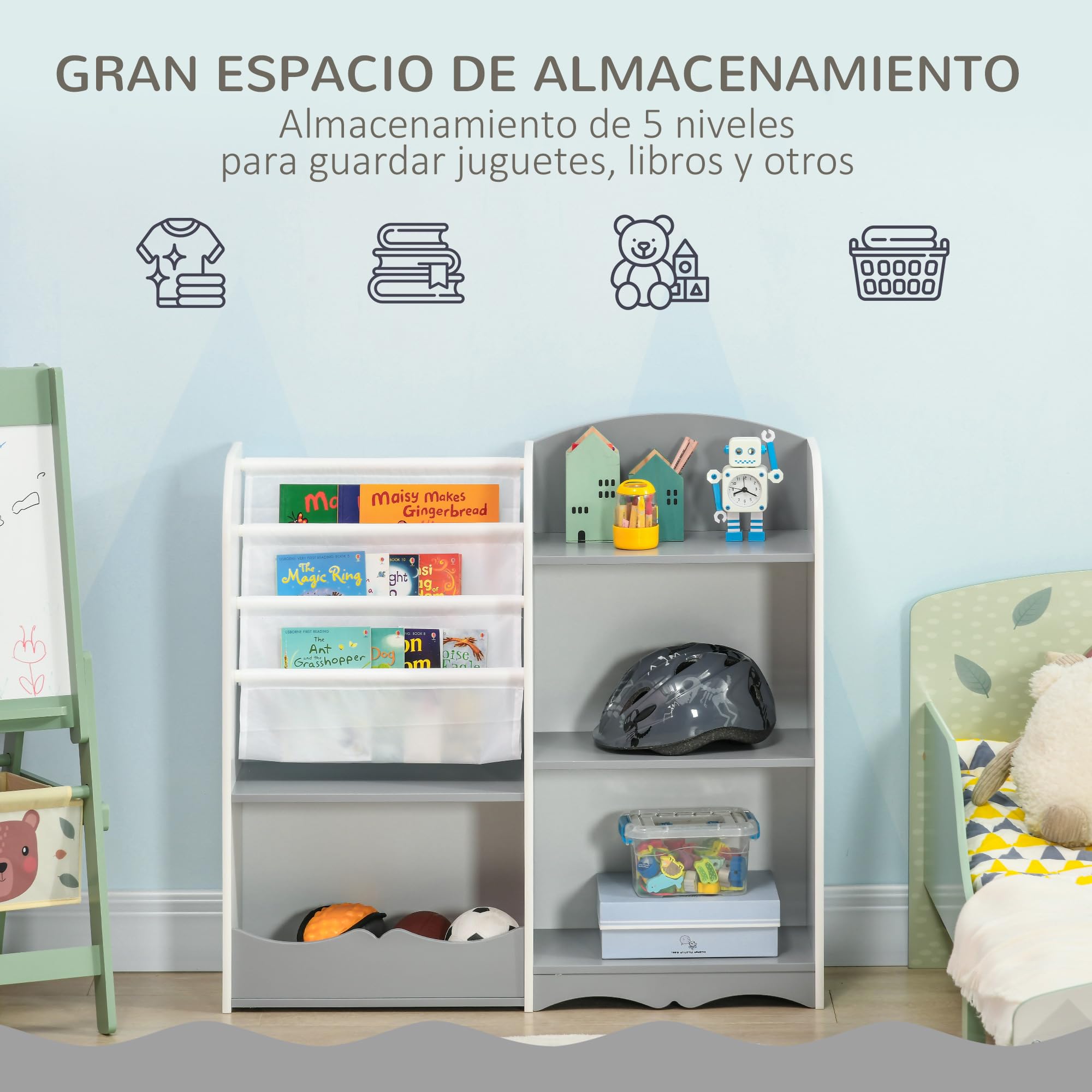 ZONEKIZ Organizador de Juguetes Estantería Infantil 85x26x84 cm Gris
