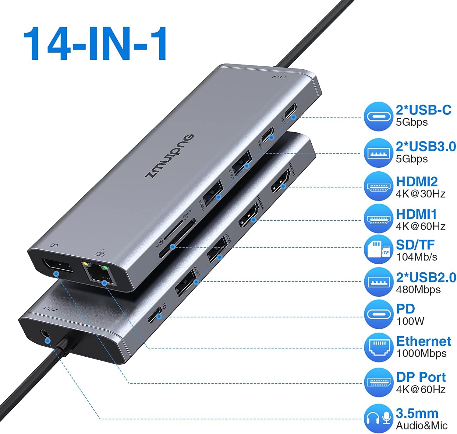 USB C Docking Station Dual Monitor, 14 in 1 USB-C Laptop Docking Station USB Type C Hub Multiport Adapter Dongle with 1 HDMI VGA 5 USB SD/TF Audio for Mobile phone/tablet/notebook: Computer
