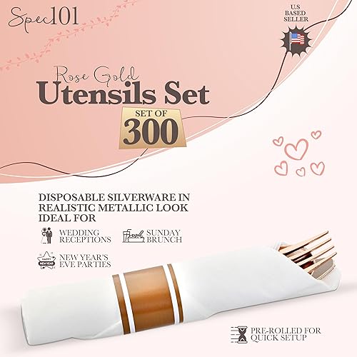 Miniatura 3 de Juego de 300 cubiertos desechables de oro rosa para fiestas, juego de cubiertos desechables preenrollados individualmente con servilletas para
