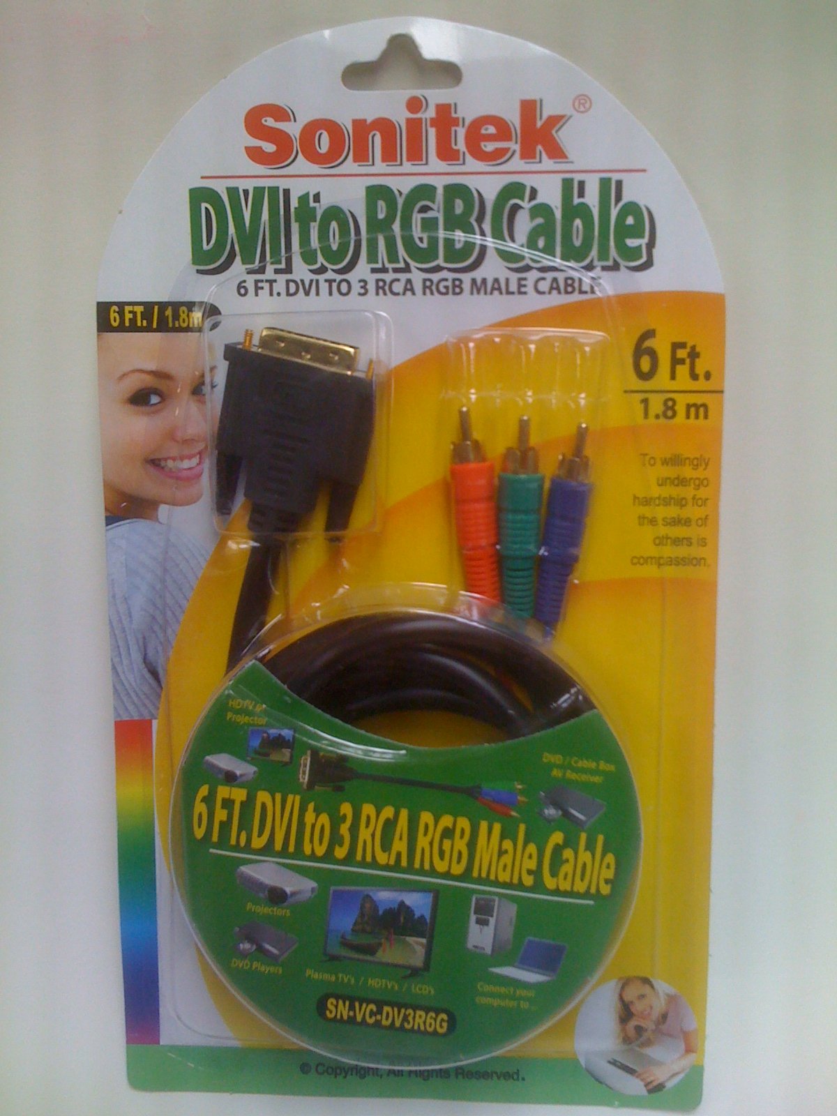 Sonitek 6 Ft DVI Male to 3 RCA RGB Cable