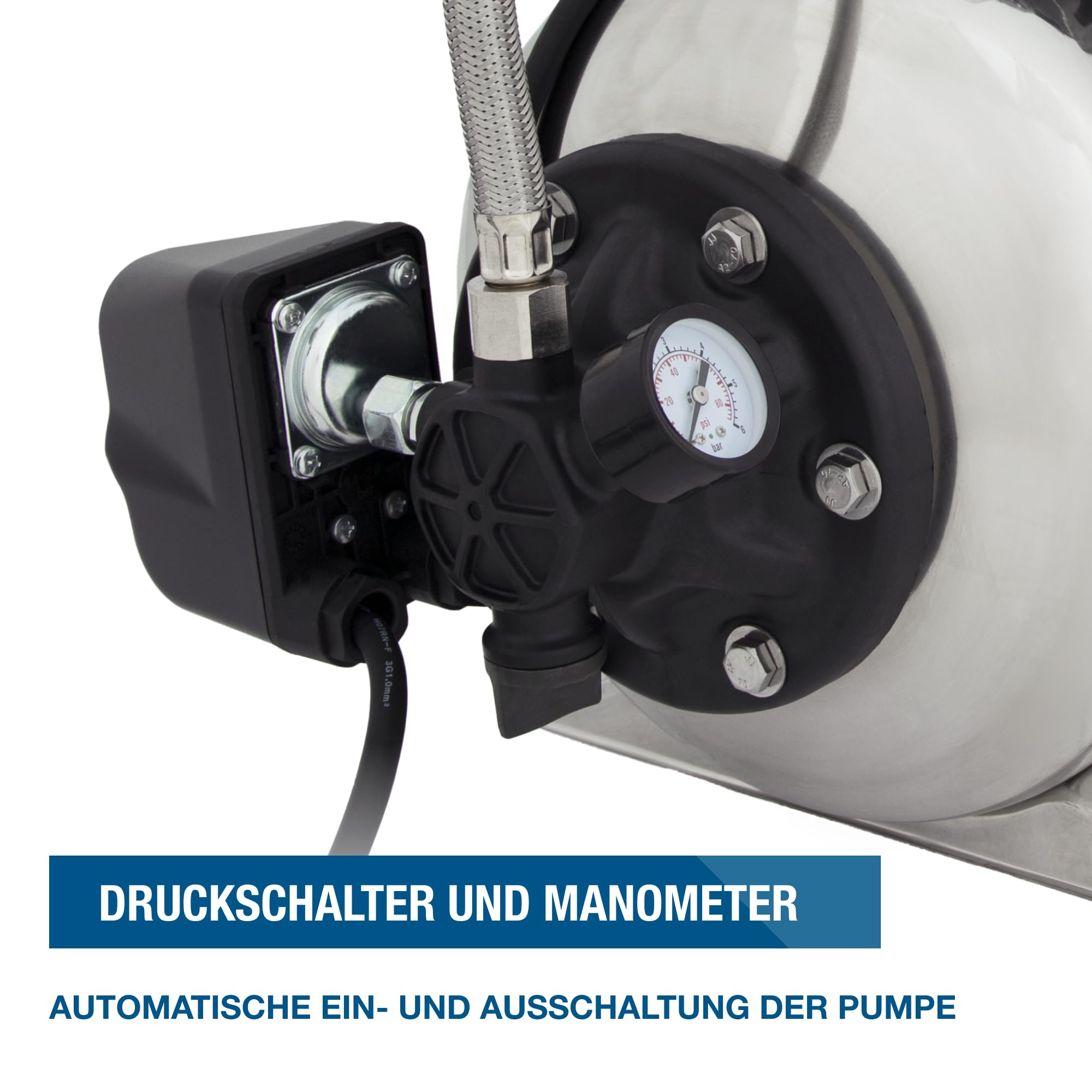 HYUNDAI Hauswasserwerk HWW12050-IN | 1200 W, 19 L INOX-Kessel | Fördermenge 5.000 l/h, Förderhöhe: max. 50 m | autom. Druckschalter, Edelstahl-Pumpengehäuse