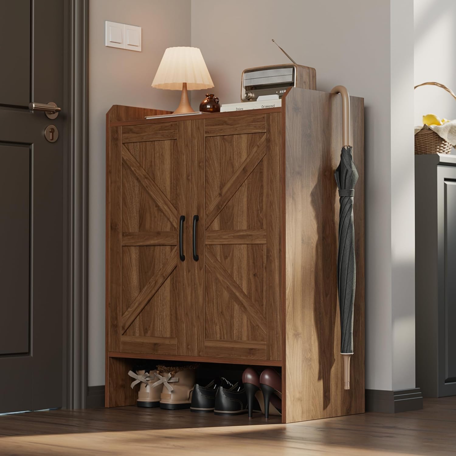 Farmhouse Shoe Cabinet with Doors, Modern Large 5-Tier Shoe Storage Cabinet with Adjustable Shelves, Wooden Shoe Organizer for Entryway, Hallway, Closet, Bedroom, Living Room (Walnut) Walnut Farmhouse shoe cabinet