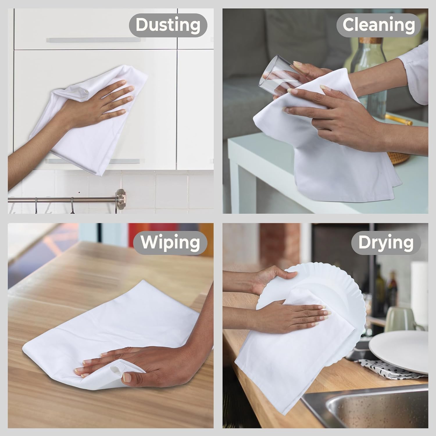 Urban Villa Kitchen Towels 100% Cotton Dish Towels for Kitchen(Set of 6) 20”x30” Dish Cloths Highly Absorbent Kitchen Linen Set with Hanging Loop Perfect for Drying Dishes Cleaning Hand Towels – White - Image 2