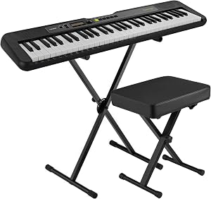 Casio LKS250BK 61 Lighted Key Portable Keyboard Piano Kit with Premium Stand and Bench - Compact, Lightweight and Easily Portable - USB to Host Micro B Port - Black