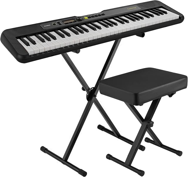 Casio LKS250BK 61 Lighted Key Portable Keyboard Piano Kit with Premium Stand and Bench - Compact, Lightweight and Easily Portable - USB to Host Micro B Port - Black