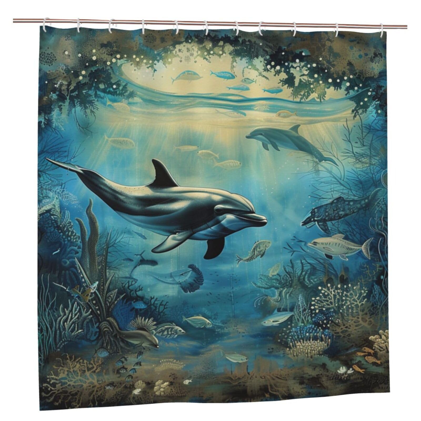 BWWHCCTI Sea Dolphin Printed Shower Curtain With 12 Plastic Hooks Opaque Quick Drying Waterproof Shower Curtains Sets For Bathroom 183x183 CM
