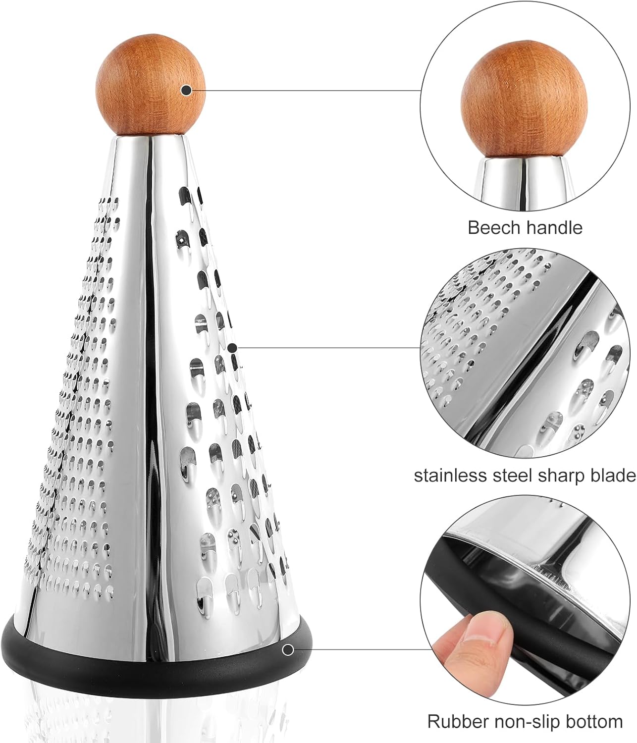 Cone Parmesan Cheese Grater - Stainless Steel Triple Function Wood Table Parmesan Shaver Non-Slip Rubber Bottom Hand Held Multifunction Vegetables Grater for Kitchen (L: 9" X 4.7)