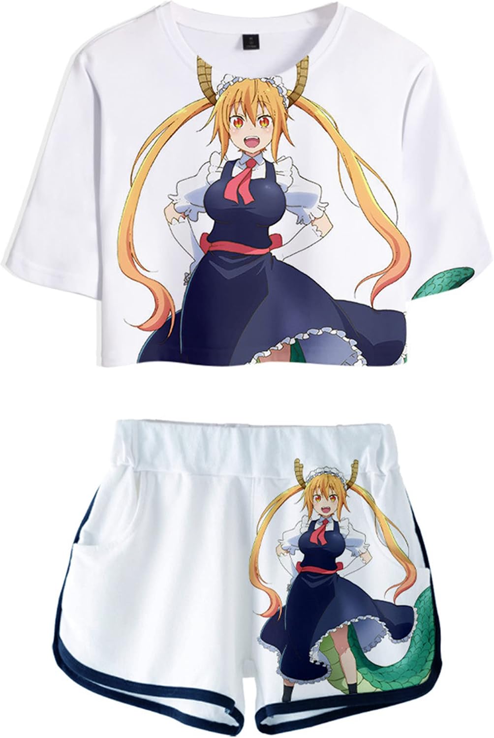 Anime Miss Kobayashi's Dragon Maid 2 in 1 Outfits Crop Top T-Shirt and Shorts Set for Women Girls