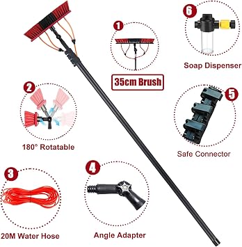Telescopic Washing Brush with Water Connection 12m Cleaning Brush with Telescopic Carbon Fiber Handle | Telescopic Broom | Window & PV System Cleaning | Soft Bristles Including Soap Dispenser, 35cm