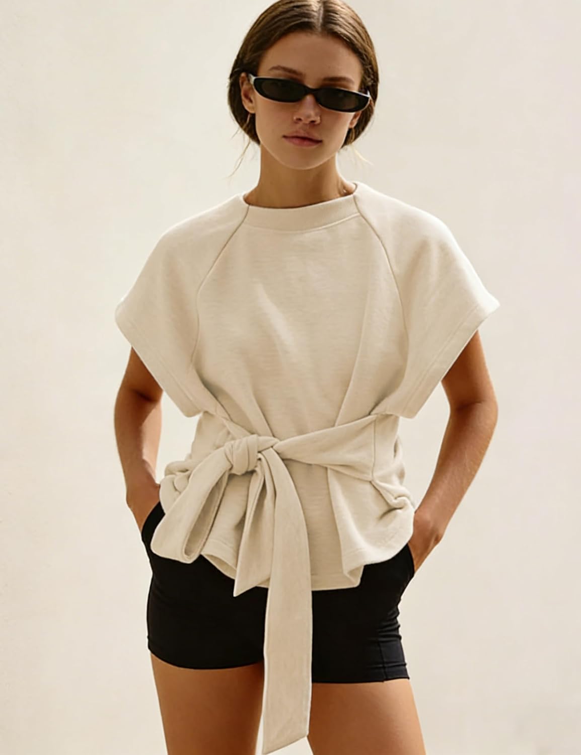 Zhiyouni Women's Summer Short Sleeves Tee T Shirt Crewneck Tie Knot Tops Sweatshirt - Image 6