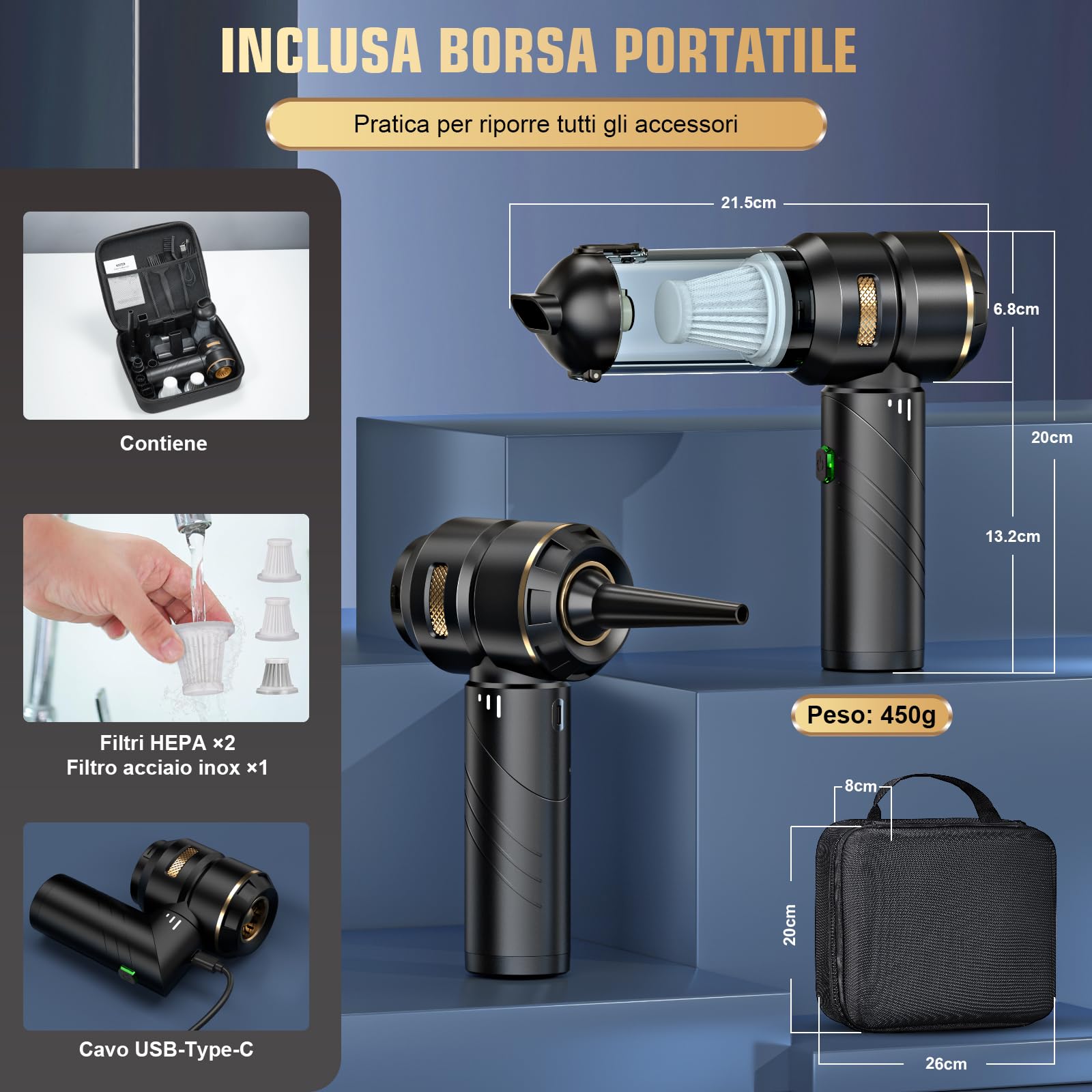 Aspirapolvere a mano a batteria 4 in 1, per auto, forte, 25000 PA senza fili, 3 marce, 220000 giri/min, per auto, cucina, PC, divano, ufficio, pulizia dei peli di animali domestici (giallo oro)