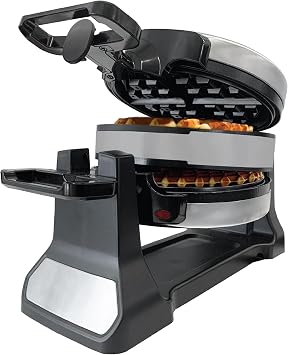 JS Gourmet 1400W Double Belgian Waffle Maker with 180 Rotation, Secure Handle Lock, Red Light Indicator, Non Stick 8" Cooking Plates and Removable Drip Tray for Easy Cleaning