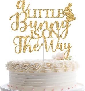 A Little Bunny is on the Way Cake Topper, Easter Theme Baby Shower Cake Decorations, Bunny Theme Baby 1st Birthday Party Decorations Gold Glitter