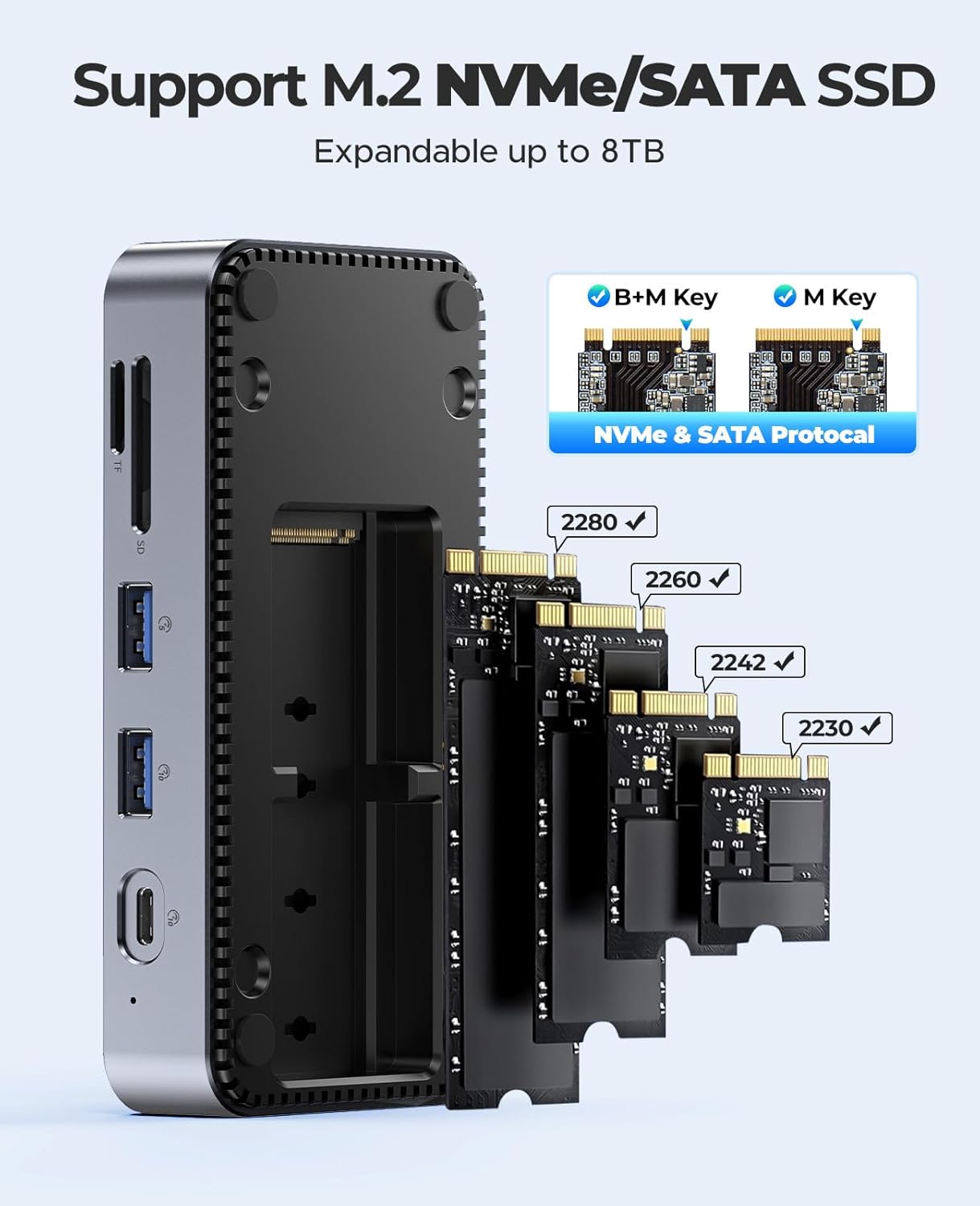 USB C Hub with M.2 SSD Enclosure, New Upgrade ORICO 10-in-1 USB-C Docking Station with Built in fan, 10Gbps USB 3.2 Gen2 M.2 NVMe SSD Reader, Support 4K@60Hz HDMI, 100W PD, Ethernet, SD/TF - DPM2P9-V1