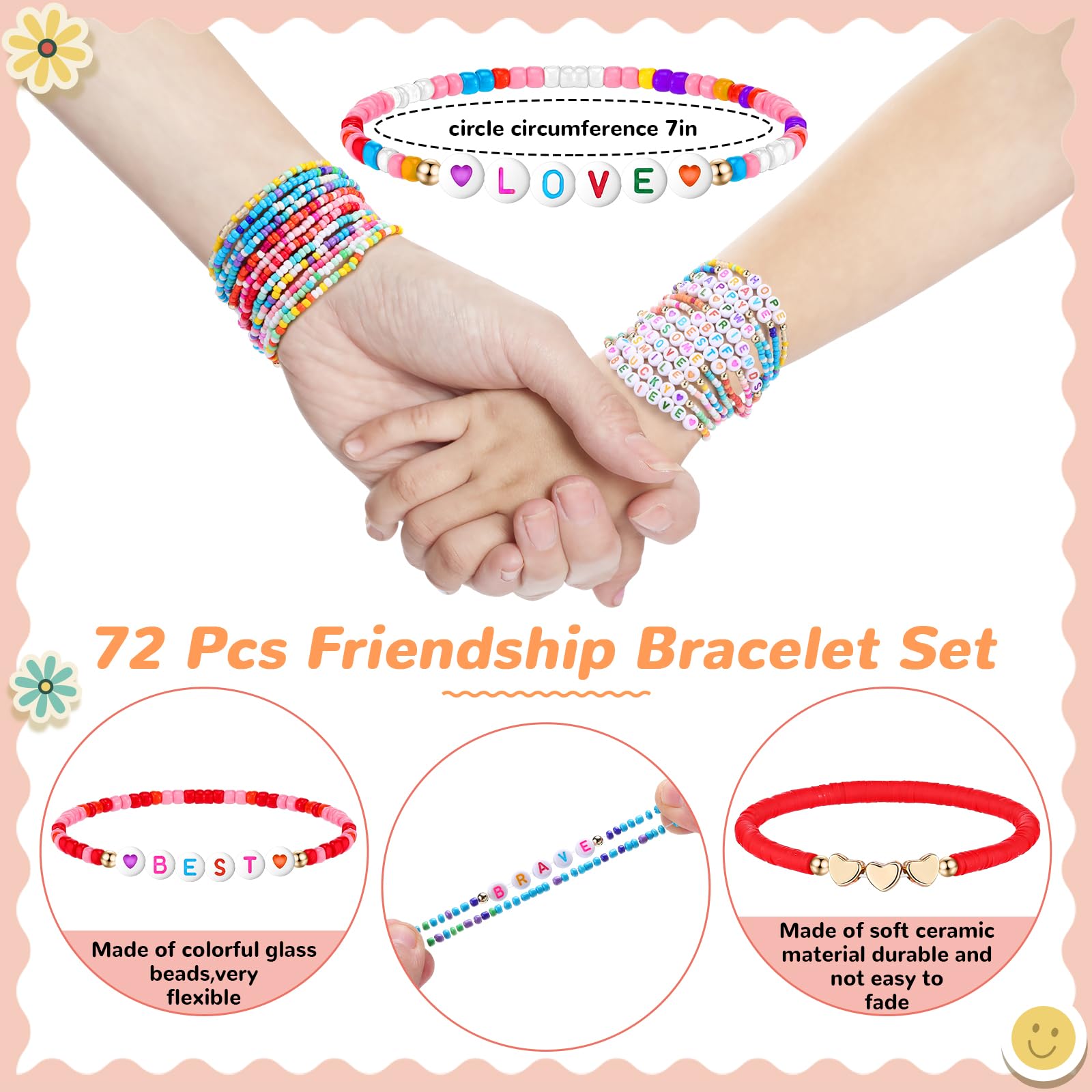 Landical 72 Pcs Friendship Bracelets Bulk for Woman Adjustable Colorful Beaded Bracelets Colorful Letter Beads Bracelets Friends Surfer Beaded Bracelets for Women(Elastic Bead Style)