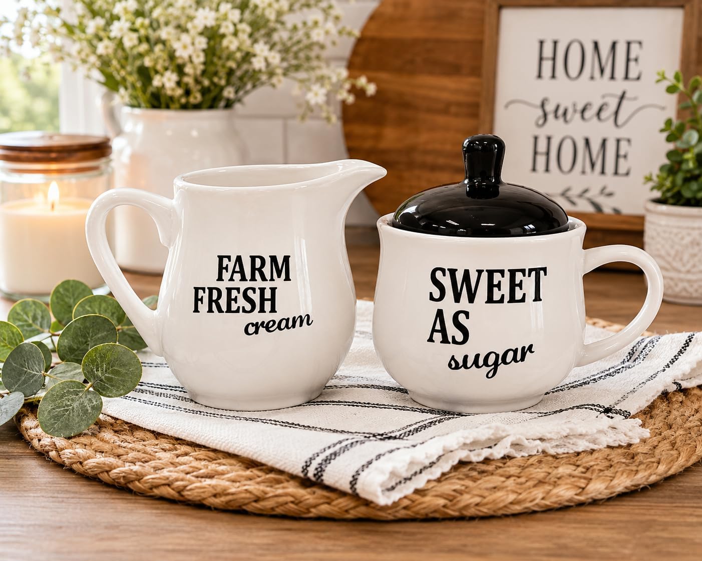 Set Sugar Bowl and Cream Server Holder Ceramic Black & White Farmhouse Table Kitchen Decor image 3