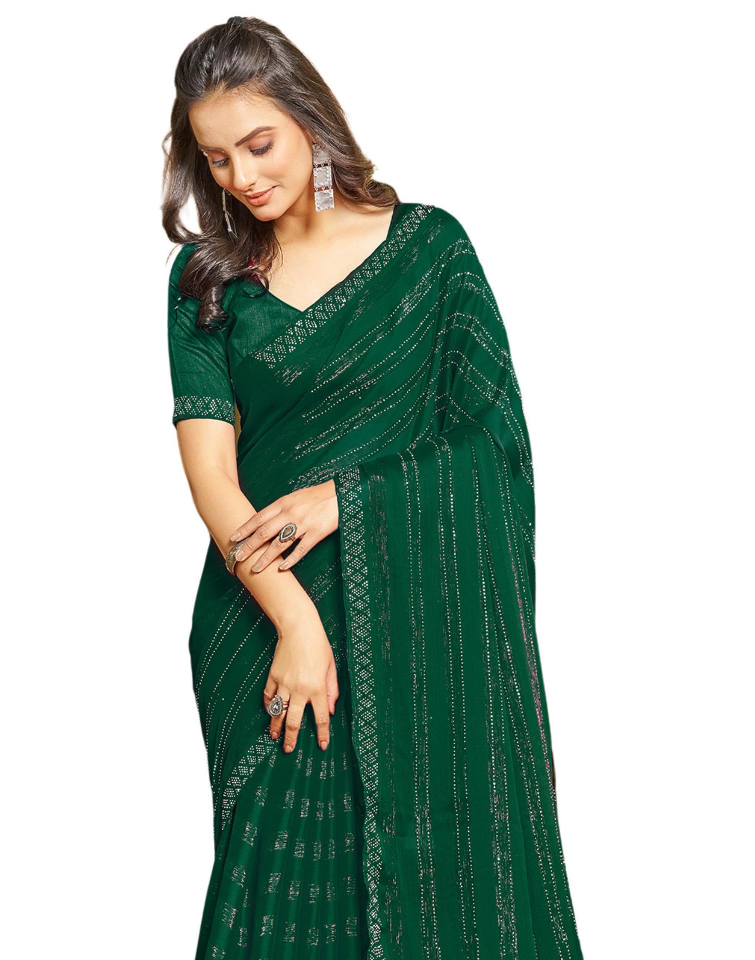 SIRIL Women's Chiffon Hot Fixing Stone Work Saree With Unstitched Blouse Piece