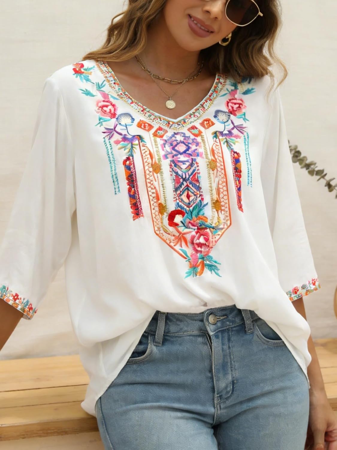 LauraKlein Women's Summer Boho Embroidery Mexican Bohemian Tops V Neck 3/4 Sleeve Causal Loose Shirt Blouse Tunic - Image 4