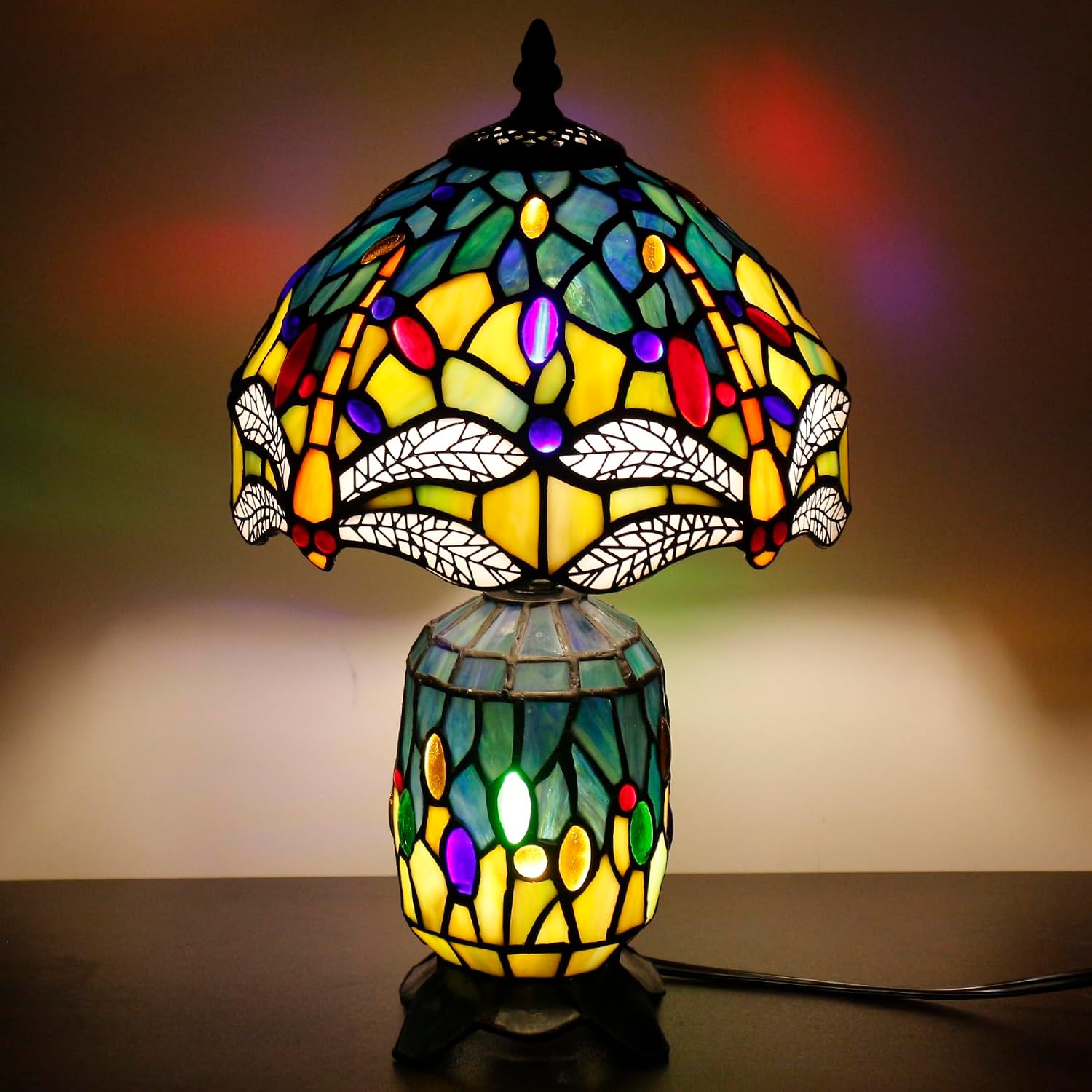 Small Tiffany Lamp Stained Glass Table Lamp Mini Mother Daughter Vase Desk Accent Night Light for Bedroom Bedside Reading Home Antique Style 8X14 Inches (Sea Blue Yellow)