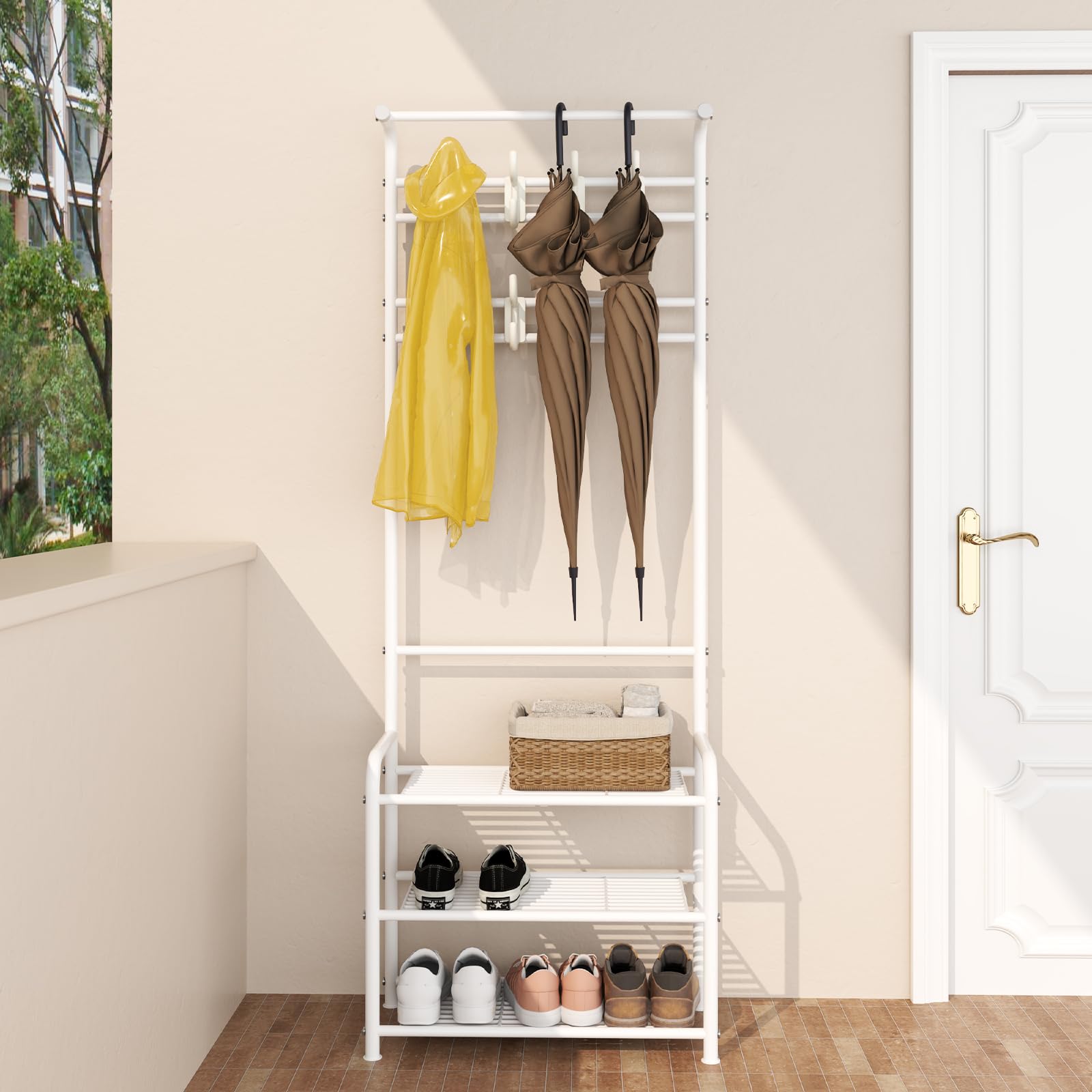 Innotic Perchero 3 en 1 estable barra de ropa con 3 capas zapatero y ganchos desmontables para el dormitorio (Blanco-2)
