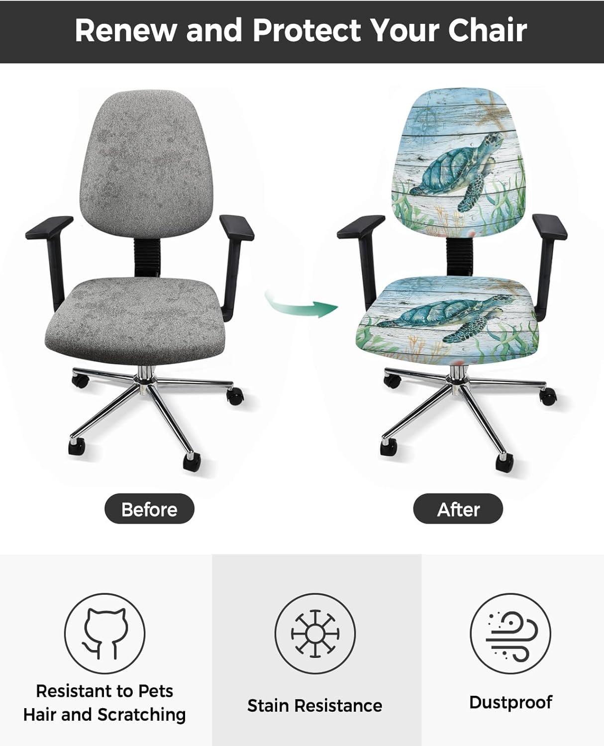 Sea Turtle Computer Office Chair Cover, Vintage Blue Ocean Turtle Wood Grain Split Stretchable Chair Seat Covers, Retro Polyester Removable Washable Universal Desk Rotating Chair Slipcover Protector