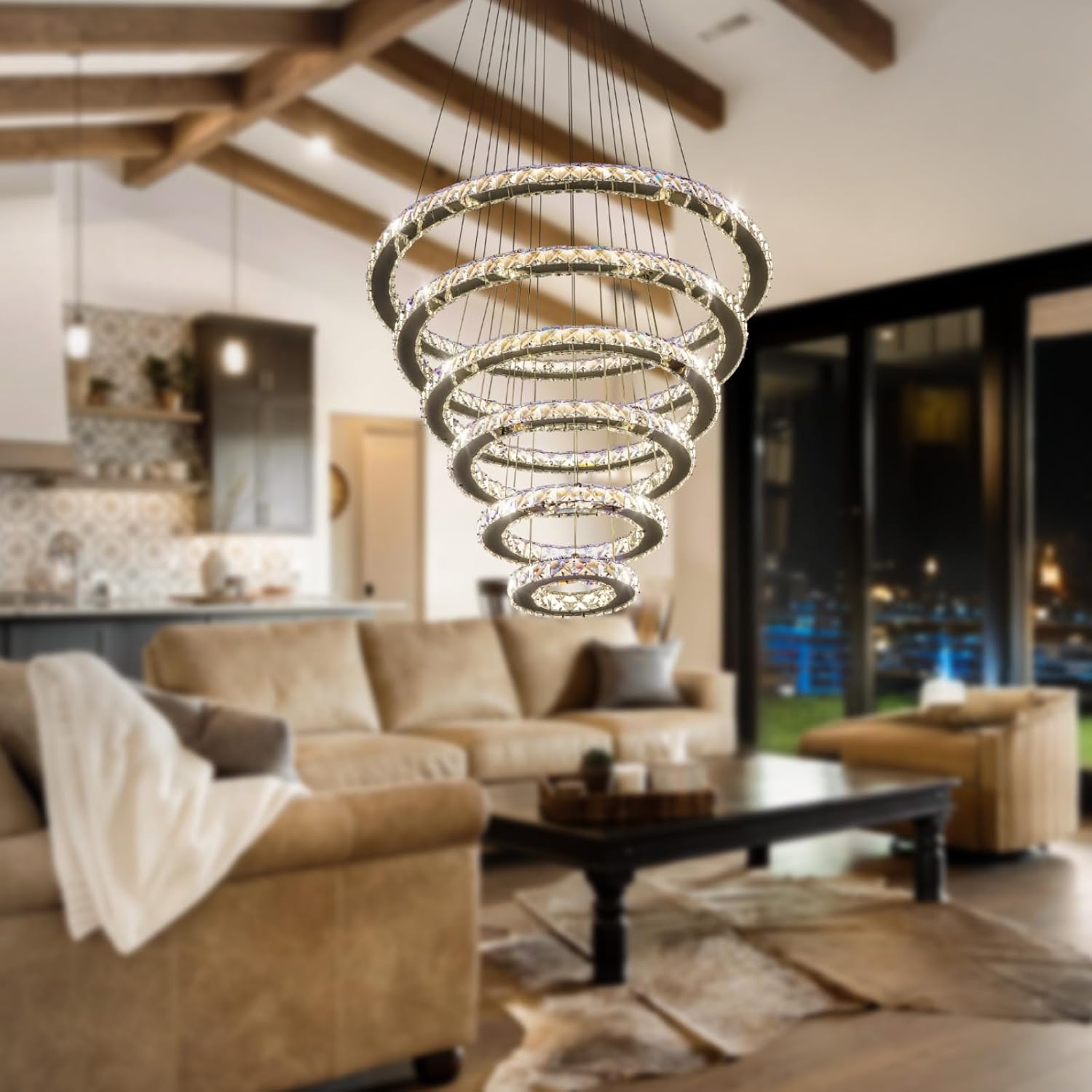 Dimmable Crystal LED Chandelier(3000-6500K) for High Ceiling – Remote Control, Adjustable Height, Modern Stainless Steel Fixture for Foyer, Staircase, Living Room(Chrome 6-Ring)
