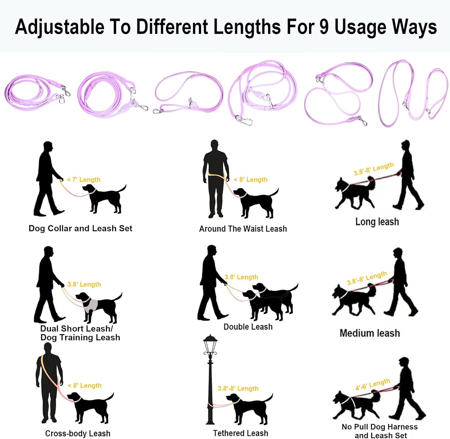 Hands Free Dog Leash Crossbody & Waist for Walking, 9-in-1 No Pull Dog Harness & Leash Set, Heavy Duty Waterproof Slip Lead for Large Medium Breeds (20-120lb, Purple)