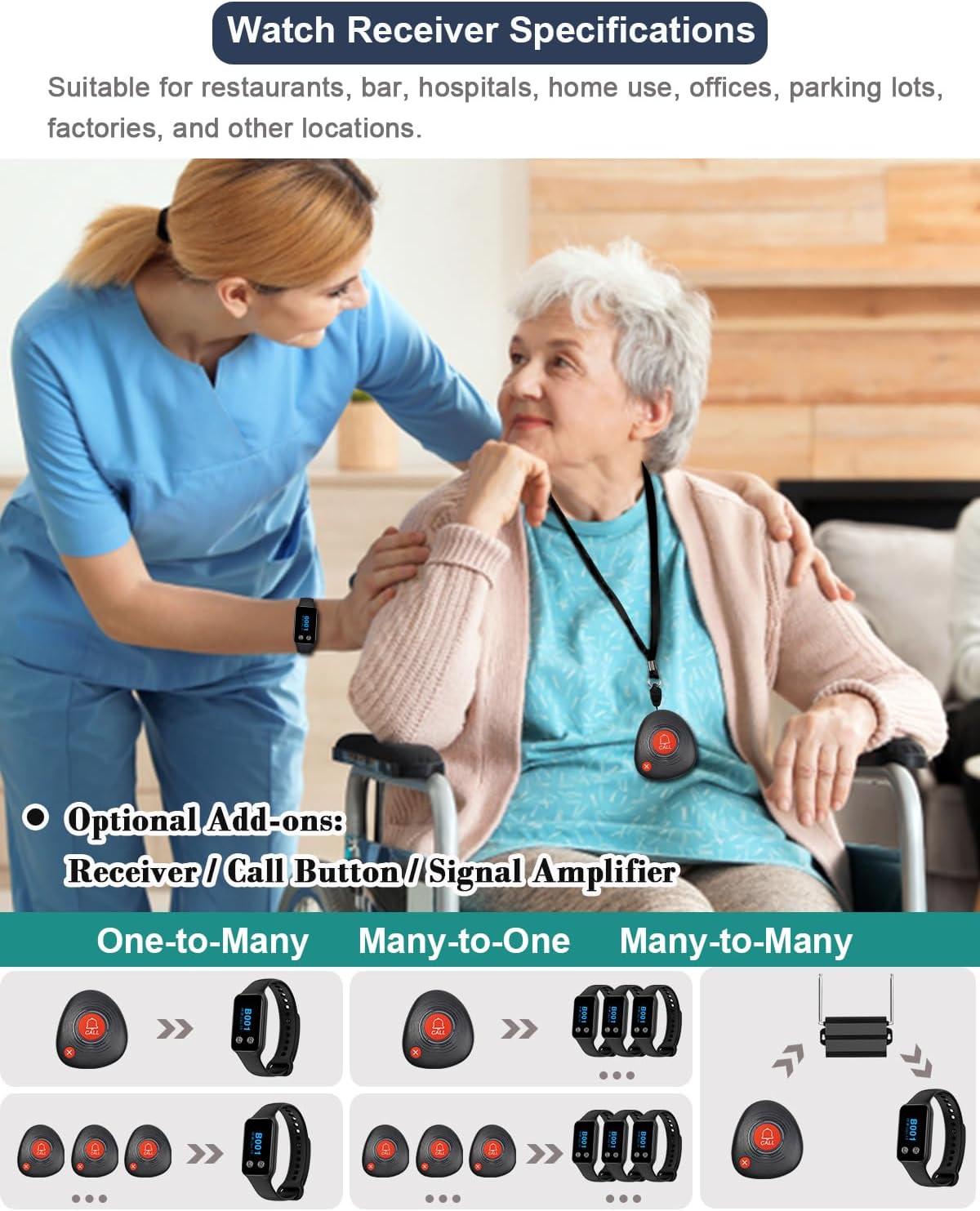 Wireless Call Button System Pager System 400ft Range Waterproof Call Buttons & Watch Receiver with Vibration Alert for Elderly Care Restaurant Bar Cafe Service