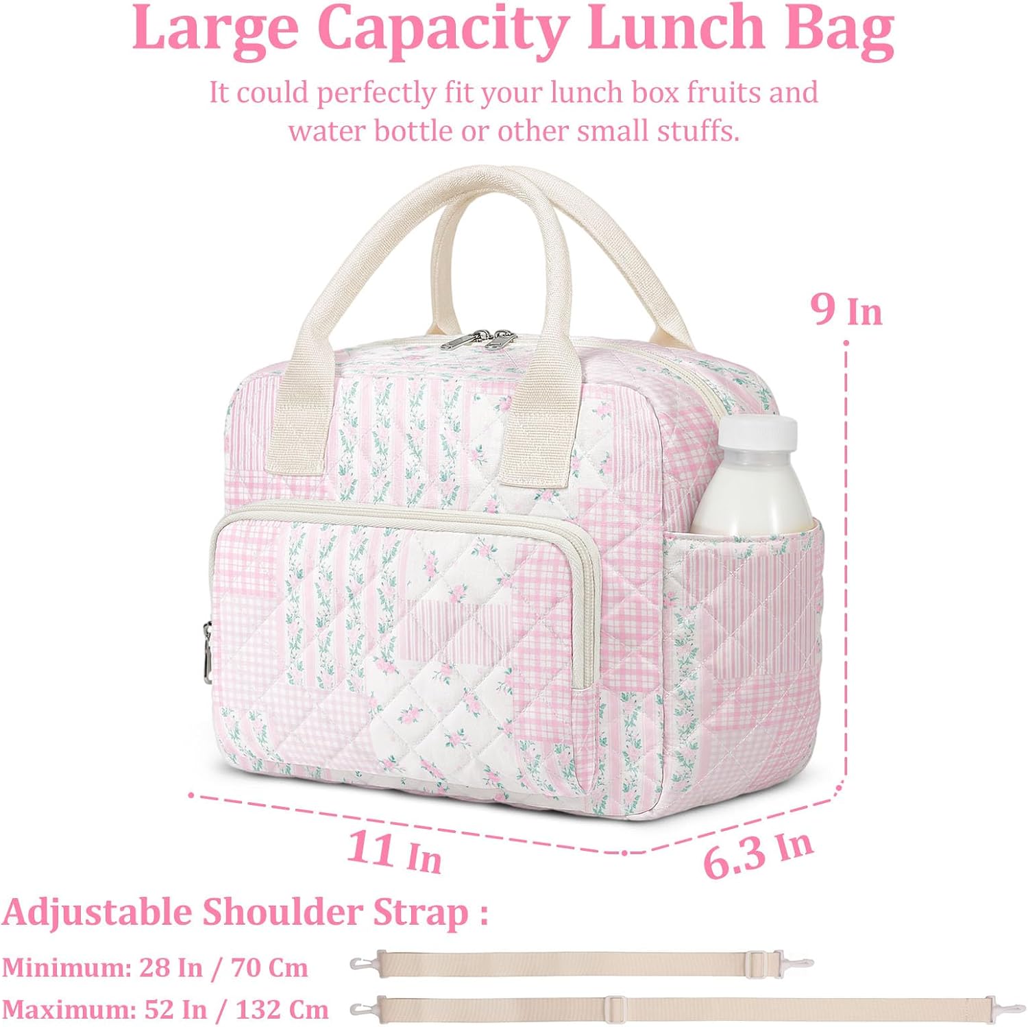 WOBAGMEN Quilted Lunch Box for Women, Insulated Lunch Bag for Adult,Cute Lunch Tote Bags for Work Picnic Travel (pink floral pin, M)