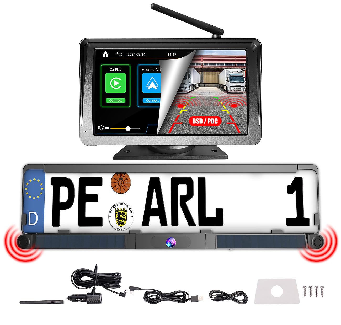 Lescars Einparkhilfe: Kabelloses Solar-Funk-Rückfahrkamera-Set, CarPlay-/Android-Auto-komp. (Abstandssensor & Rückfahrkamera, Carplay kompatible, Navi)