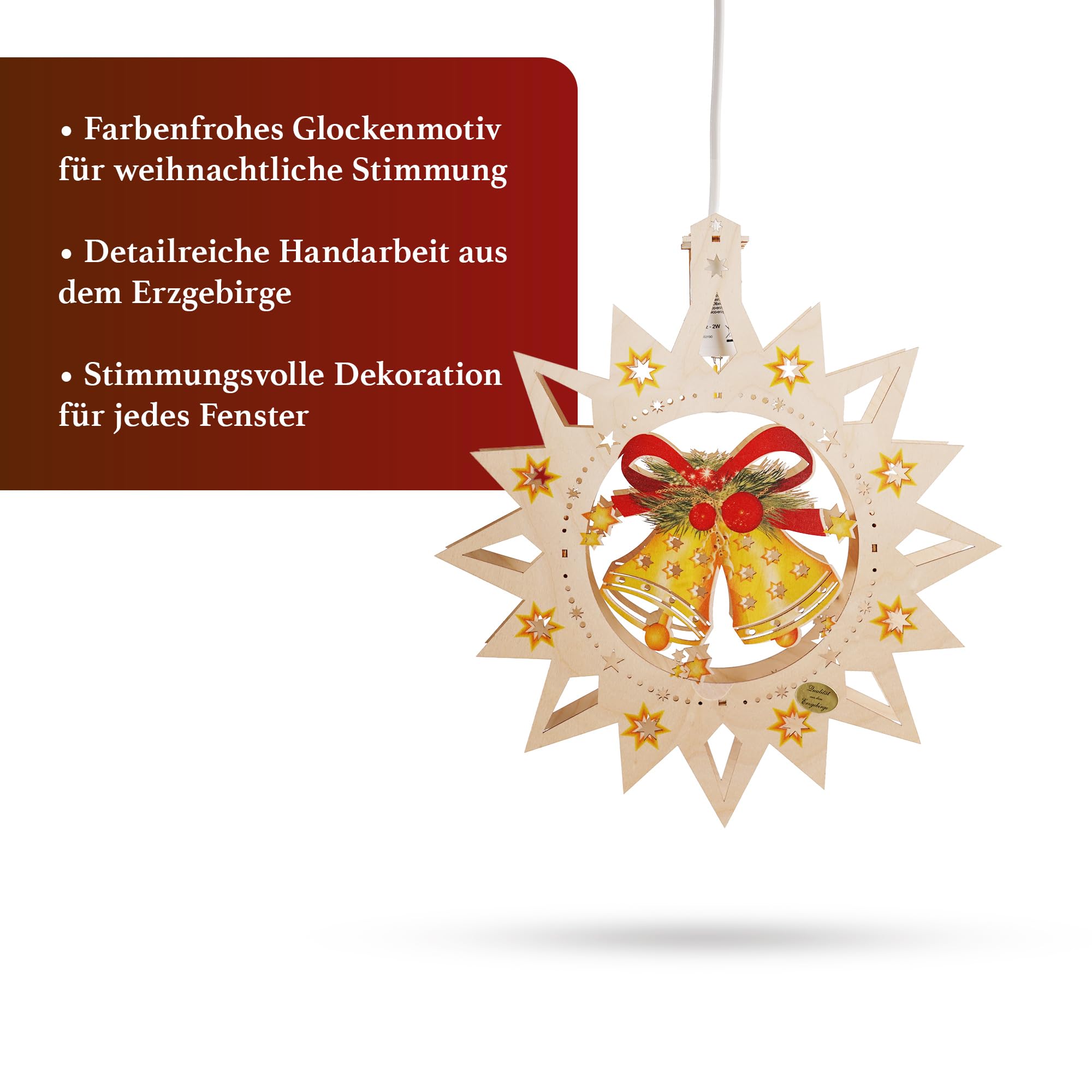 Saico - LED Fensterlicht „Glocke“ - Fensterdeko für Weihnachten, mit LED Beleuchtung aus Holz - Weihnachtsdeko mit Glockenmotiv, Fensterbeleuchtung & Geschenkidee, Dekoration Winter - Made in Germany