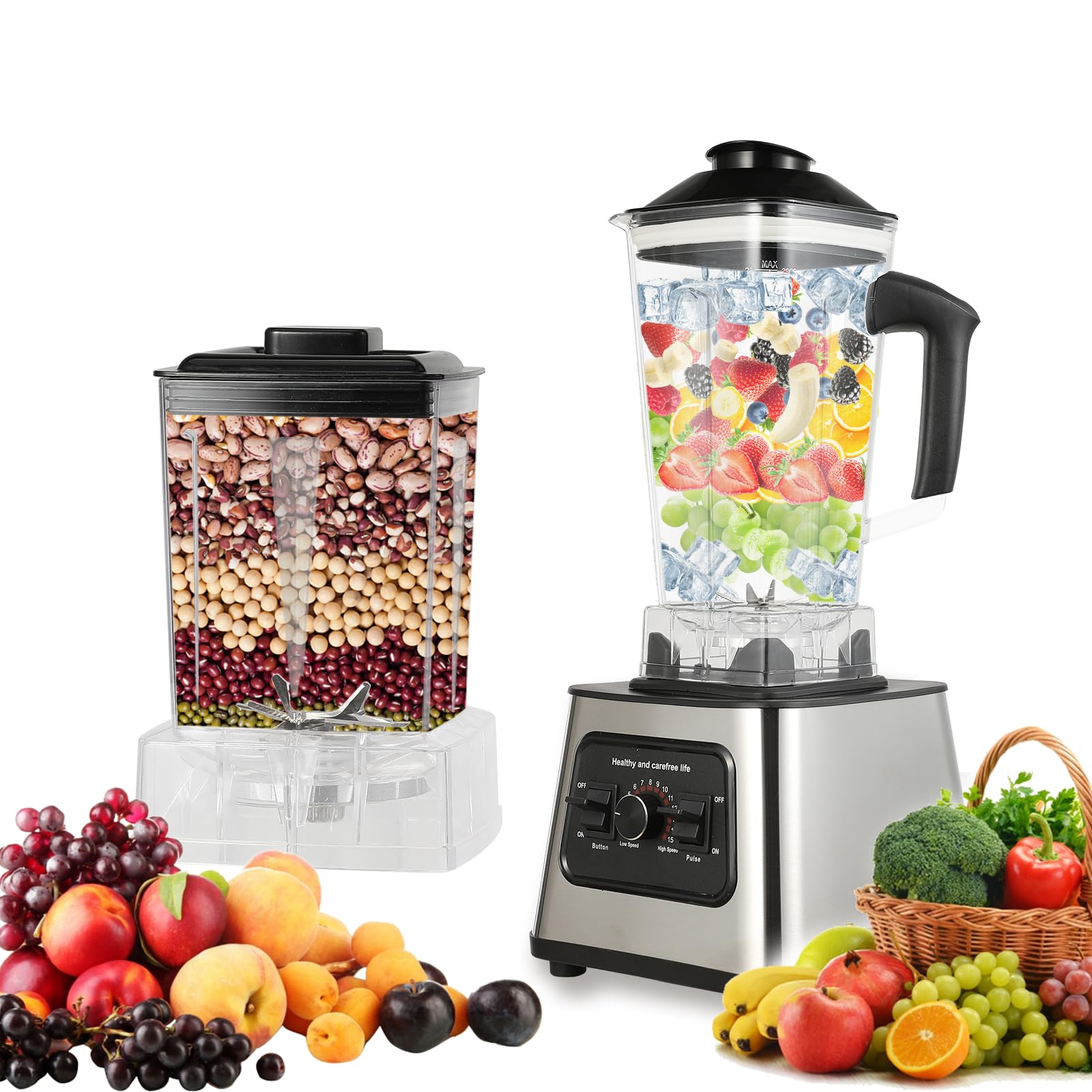 6000W 2-In-1 Blender Multifunzione, 2L+0,5L Blender Smoothie Professionale, Ergonomico, 2700RPM, 8 Lame in Acciaio Inox, 9 Impostazioni di Velocità, per Smoothie, Frullati, Alimenti, Ghiaccio Tritato