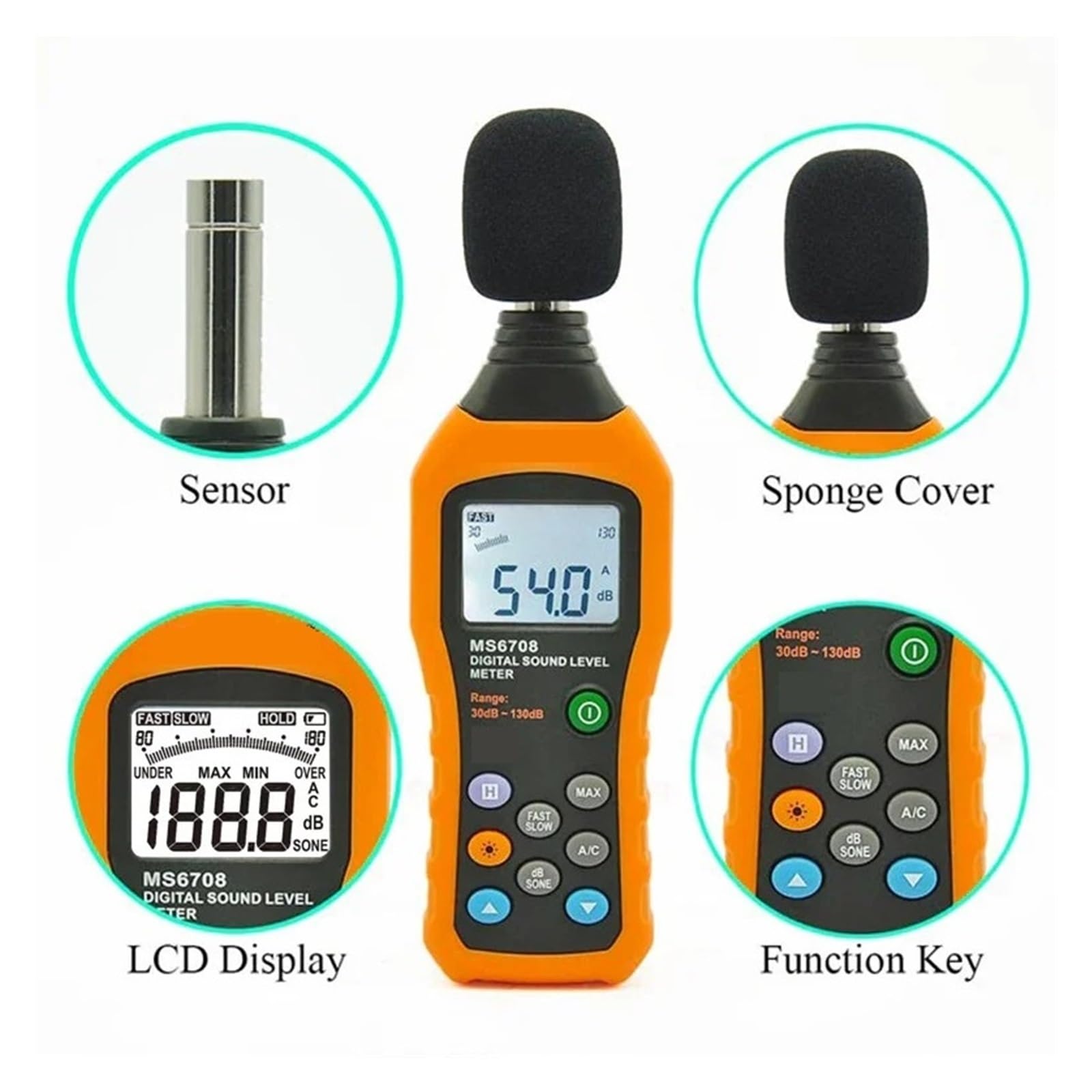 Misuratore di Decibel Fonometro Digitale Fonometro ad Alta precisione per Il rilevamento del Rumore 30-130 Db Decibel