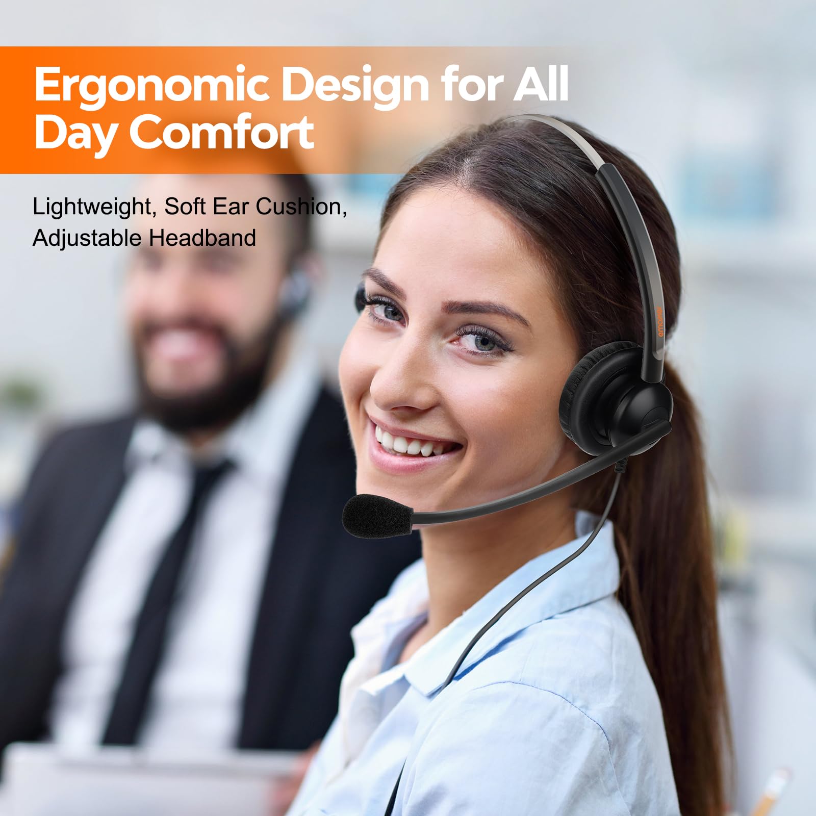 EMAIKER Lightweight Wired RJ9 Telephone Headphone Call Center Headset, Corded Deskphone Headset Compatible with Yealink T26 T31 T33 T42 T46 T48 T53 T54 etc and Grandstream Sangoma Snom IP Phones