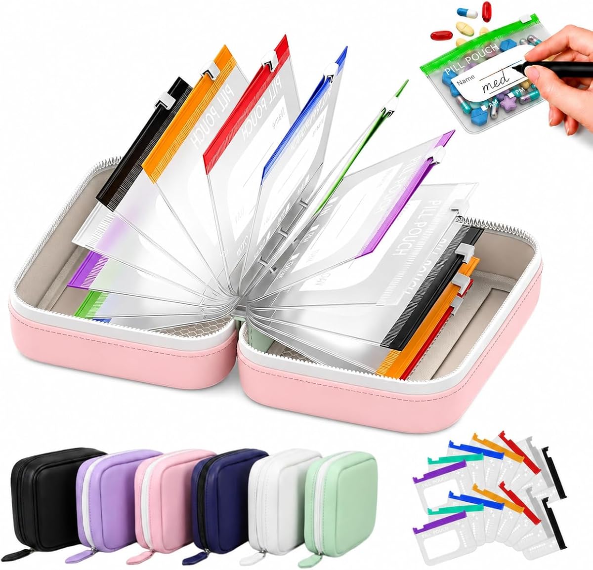 Pastillero de viaje impermeable A8 con 14 bolsas con cremallera | Compacto, portátil, reutilizable, transparente, colorido, almacenamiento de medicamentos, semanal, ligero, a prueba de humedad, duradero (rosa)