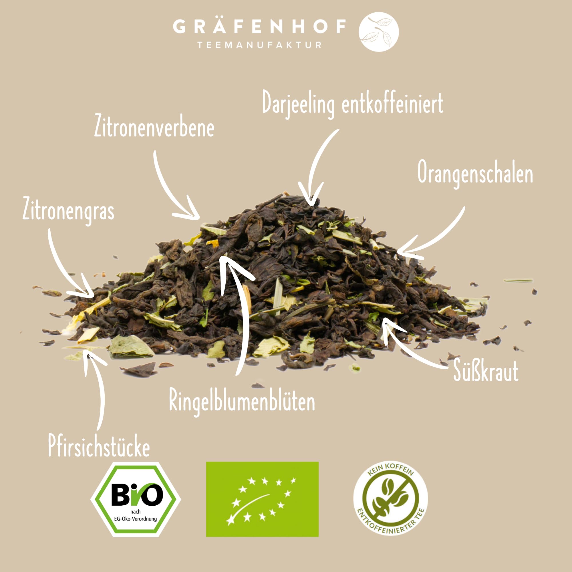 Gräfenhof Pfirsich Orange (entkoffeiniert) Schwarztee Bio, 300g (3x 100g) loser Tee mit Schwarzer Tee entkoffeiniert & natürliches Pfirsicharoma, entkoffeiniert, Premium Qualität, in DE abgefüllt